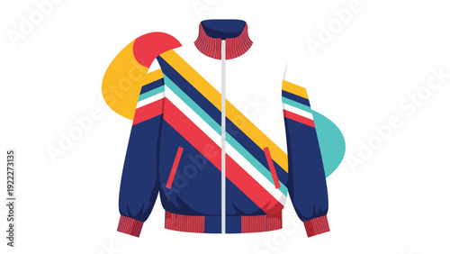 Retro style windbreaker jacket with colorful diagonal stripes and a high collar against a stylized background.