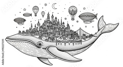 Fantasy whale carrying a city on its back, airships and balloons floating above.