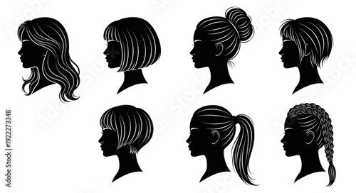 Silhouettes of women with various hairstyles, showcasing diverse hair designs and cuts.