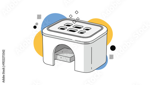 Compact camping stove or portable grill for outdoor cooking with abstract background shapes and dots design.