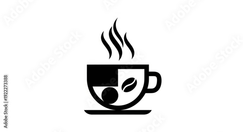 Simple black and white coffee cup illustration with steam rising upwards, minimalist design.