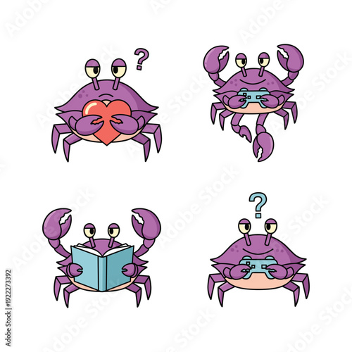 Purple cartoon crabs reading and puzzled with question marks in a set of four illustrations