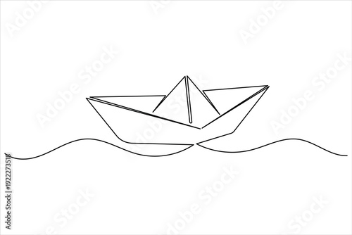 Paper boat continuous one line art icon representing minimalist travel and nautical vector design