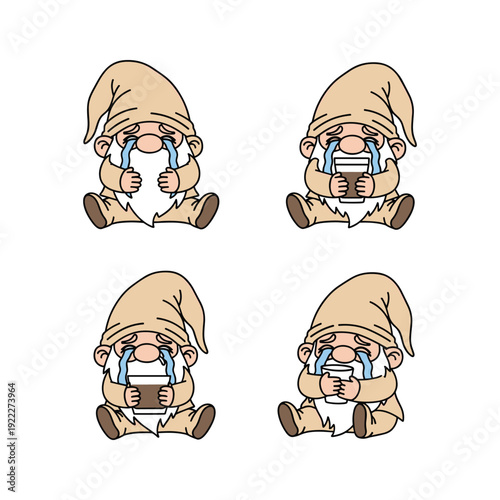 Crying cartoon gnomes with tears and sad expressions on white background