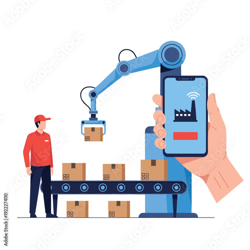 Smart factory and automated warehouse logistics system featuring a robotic arm managing packages on a conveyor belt via smartphone control.