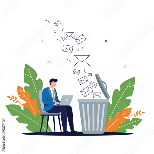 Efficient email management and inbox clearing showing a professional businessman working at his laptop while deleting unwanted messages.