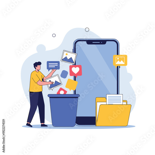 Digital data cleanup and file organization concept showing a person discarding unnecessary icons into a blue trash bin near a smartphone.
