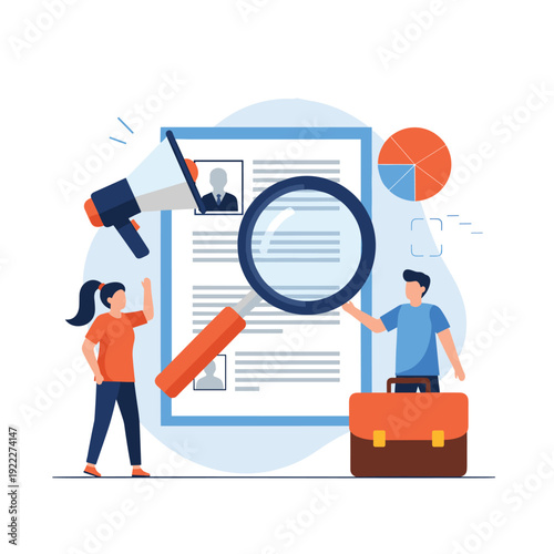 Human resources and recruitment process featuring professionals searching for talent using a large magnifying glass and a megaphone.