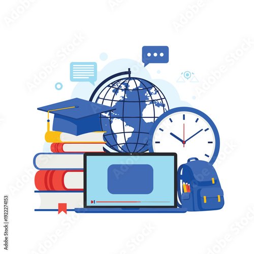 Online education and e-learning platform elements including study books, a graduation cap, world globe, and digital video player.