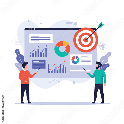 Strategic business data analysis and performance tracking with professional team members reviewing financial charts and a bulls-eye target.