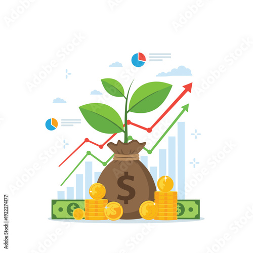 Sustainable financial growth and investment returns represented by a green plant growing out of a money bag surrounded by coins and graphs.