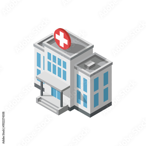 Isometric Hospital Building with Red Cross Symbol.