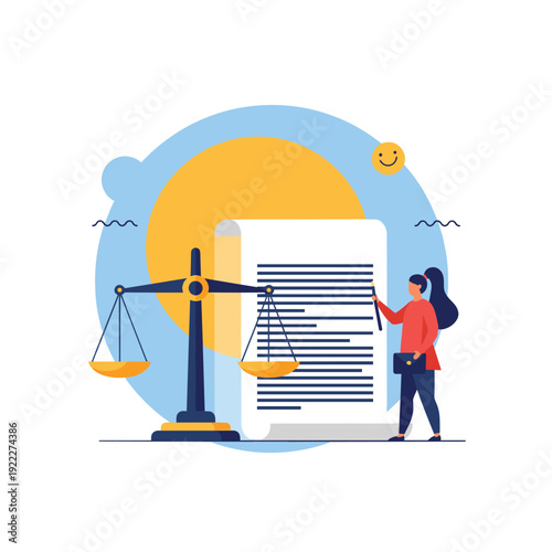 Legal system and law enforcement concept with a professional woman reviewing a document near the large golden scales of justice.