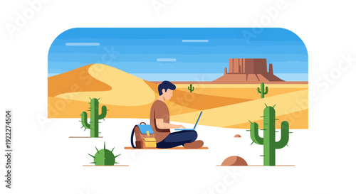 Man working remotely on a laptop in a scenic desert landscape with cacti and mountains