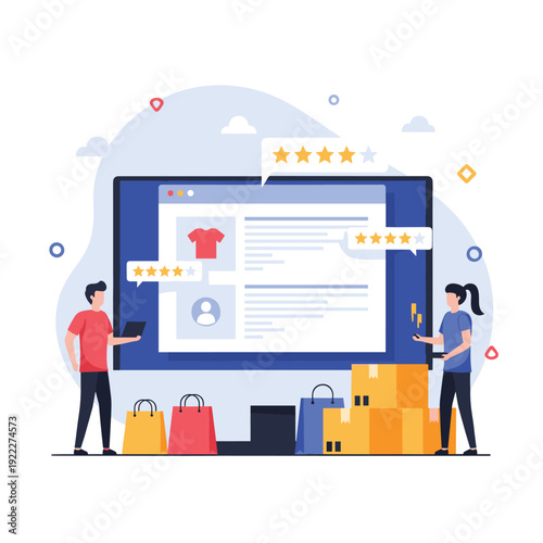 Customers use a large computer monitor for online shopping, selecting products and reviewing five-star ratings among shopping bags and boxes.