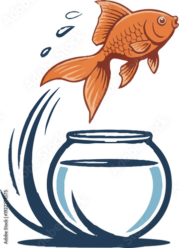 Vibrant orange goldfish jumping out of clear glass fishbowl with water ripples on white background