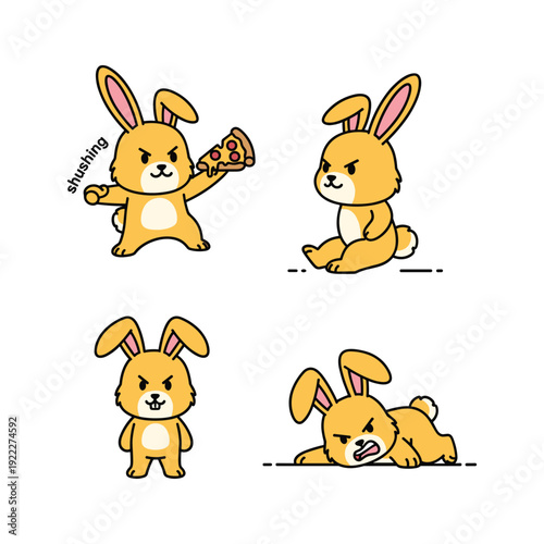 Cartoon bunny set showing various emotions and actions in a simple illustration style