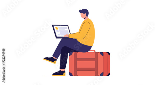 Digital nomad working on laptop while sitting on a suitcase, symbolizing remote work and travel