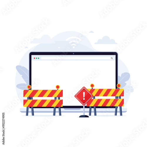 Laptop screen is temporarily unavailable for access, protected by striped construction barriers and a red exclamation warning sign.