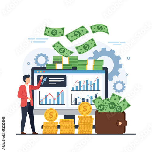 Financial expert presents profit data on a monitor as green banknotes fall from above into a wallet surrounded by mechanism gears.
