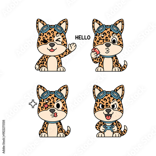Cute cartoon leopard character with different emotions and gestures on white background