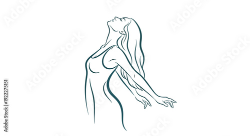 Elegant Line Art of a Woman with Flowing Hair.