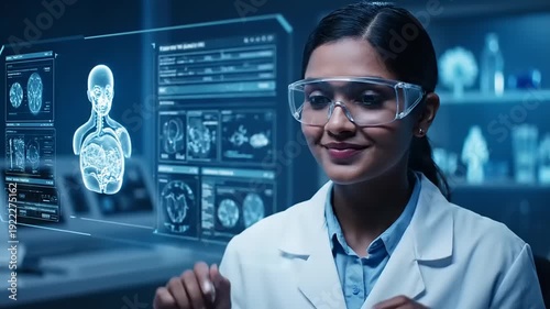 Medical Researcher Analyzing Genetic Data with Holographic Display