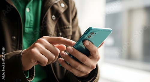 A person in a brown jacket and green shirt using a teal smartphone in a blurred background.