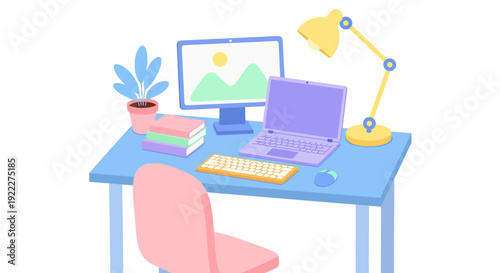 Minimalist home office desk setup illustration with computer, laptop, books, and plant for productive remote work and study environment