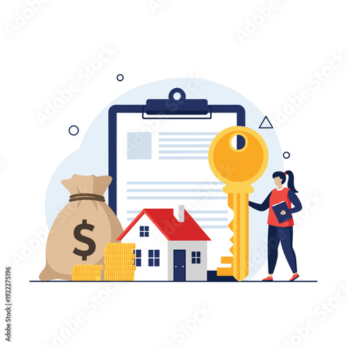 Real estate agent holds a massive gold key while standing next to a small house, a bag of money, and a mortgage document.
