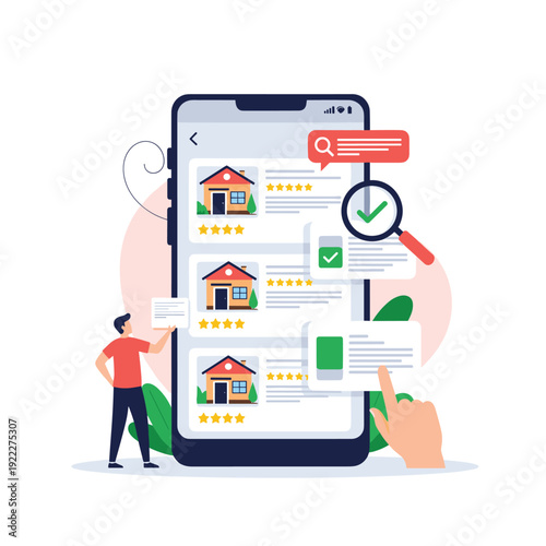 User looking at property listings on a giant mobile screen with five star ratings and magnifying glass for house search.