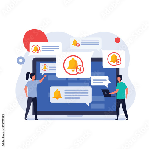 Two people managing various app notifications on a large computer monitor while working on their laptops in the office.