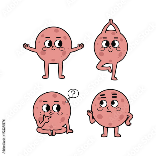 Cartoon characters showing different emotions and poses with thought bubble