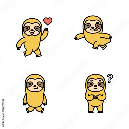 Cartoon sloth characters showing emotions on white background with copy space