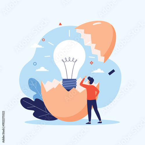 Man in red shirt looking at a large glowing lightbulb that has just hatched from a giant cracked eggshell for ideas.