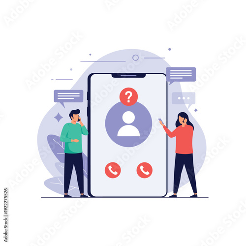 Two people standing next to a large smartphone screen during a call with speech bubbles and contact details visible.