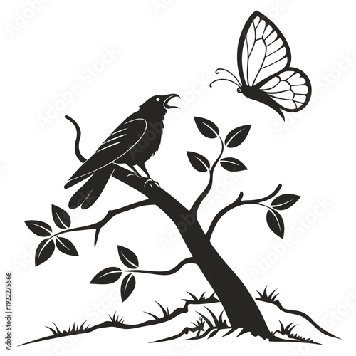 Silhouette Raven Perched on Tree Branch with Open Beak Approaching Butterfly Flying in Nature