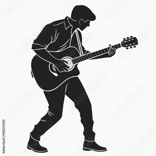 Silhouette of a man playing an acoustic guitar, captured in a dynamic pose with a flat cap and casual clothing, perfect for music themes.