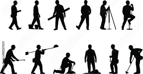 Construction worker silhouettes, hard hat labor poses, building site illustration, industrial workforce concept, diverse construction tasks, professional safety design