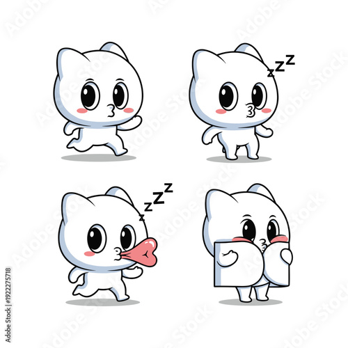 Cute cartoon cat character showing emotions and sleeping on white background with copy space