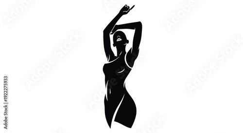 Silhouette of a joyful woman dancing with arms raised.