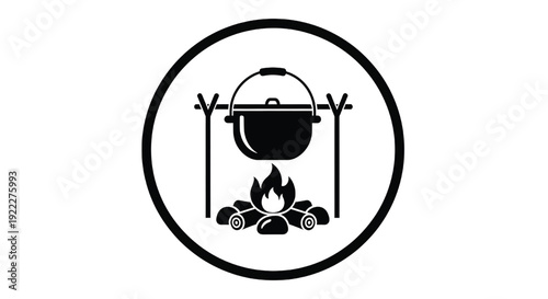 Campfire cooking icon showing pot hanging over flames in circular badge, minimalist black and white outdoor camping symbol featuring kettle, cauldron, dutch oven with tripod and bonfire elements for