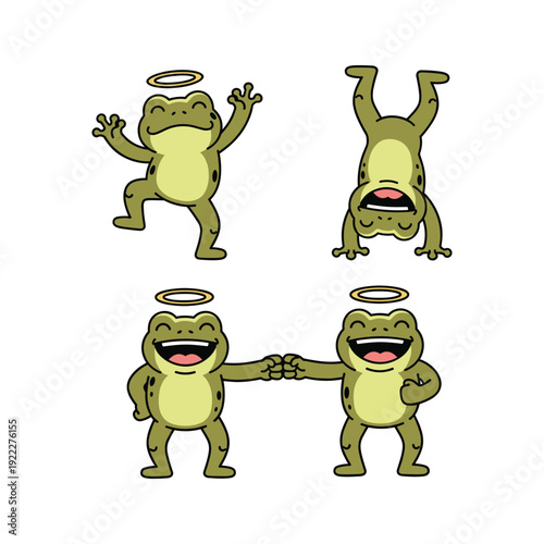 Cartoon frogs dancing and holding hands with halos in a playful and spiritual illustration