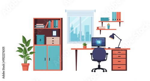 Flat vector illustration of a modern home office with a computer, desk, and organized workspace setup for remote work and productivity