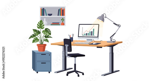 Modern home office setup with a standing desk, computer, lamp, and plant for productive remote work