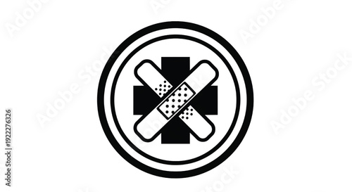 First aid icon with crossed bandages and medical cross in circular badge, black and white healthcare symbol on white background featuring health, hospital, clinic with emergency and emergency care