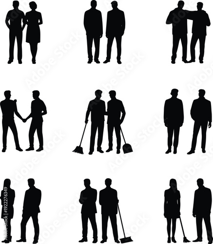 Men and women silhouette collection, standing couples workers and business people isolated black shadow figures set for design