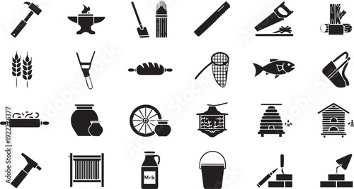 Farming and gardening icon set. Includes 25 icons: tools, plants, animals, and farm equipment. Created in simple black style with monochrome palette.