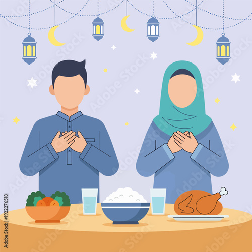 Vector illustration a couple is praying to break their fast