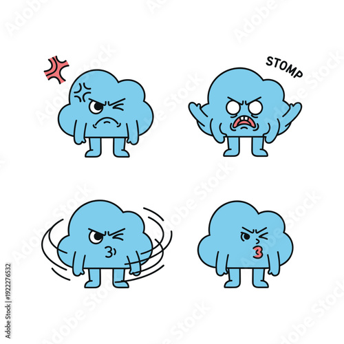 Angry cartoon clouds expressing different emotions and actions with simple design